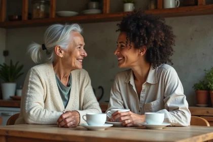 Une femme âgée et une jeune femme partagent un moment de complicité autour d'une tasse de thé dans une cuisine chaleureuse, illustrant les relations intergénérationnelles