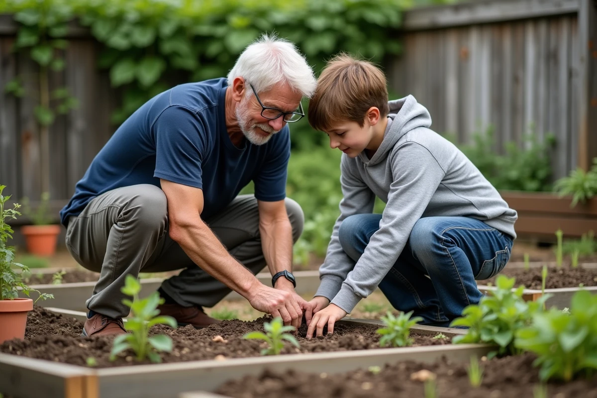 Un grand-père et son petit-fils adolescent jardinent ensemble dans un potager communautaire, symbolisant le partage de savoirs entre générations