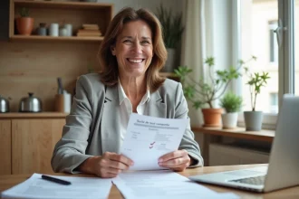 Femme soulagée tenant un document de remboursement de prêt à son bureau à domicile
