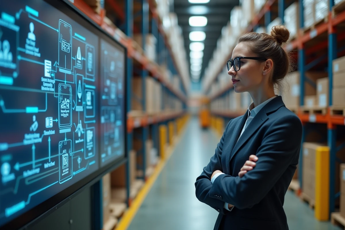 Responsable logistique devant un écran d'automatisation dans un entrepôt, illustrant l'impact de l'IA et de la robotisation sur les métiers industriels