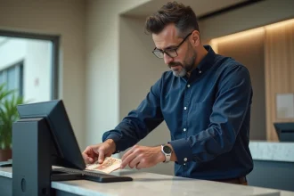 Homme retirant des billets en euros au guichet d'une banque moderne