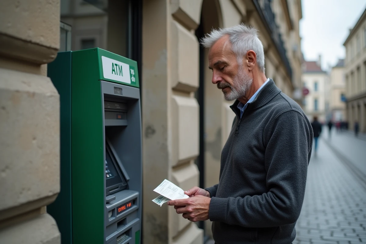 Homme consultant un reçu de retrait devant un distributeur automatique en ville