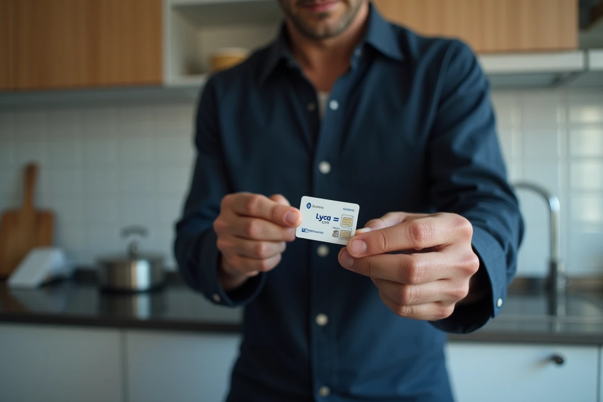 Homme tenant un support SIM Lyca Mobile pour retrouver son numéro de téléphone imprimé