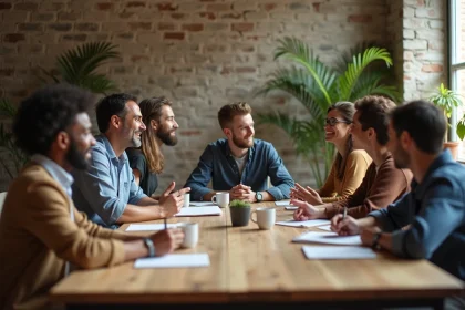 Groupe de personnes diversifiées réunies autour d'une table en bois lors d'une réunion communautaire chaleureuse dans un espace associatif