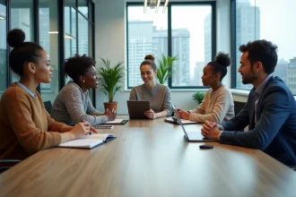 Groupe de professionnels diversifiés en réunion collaborative autour d'une table de conférence moderne, illustrant les initiatives de diversité et d'inclusion en entreprise