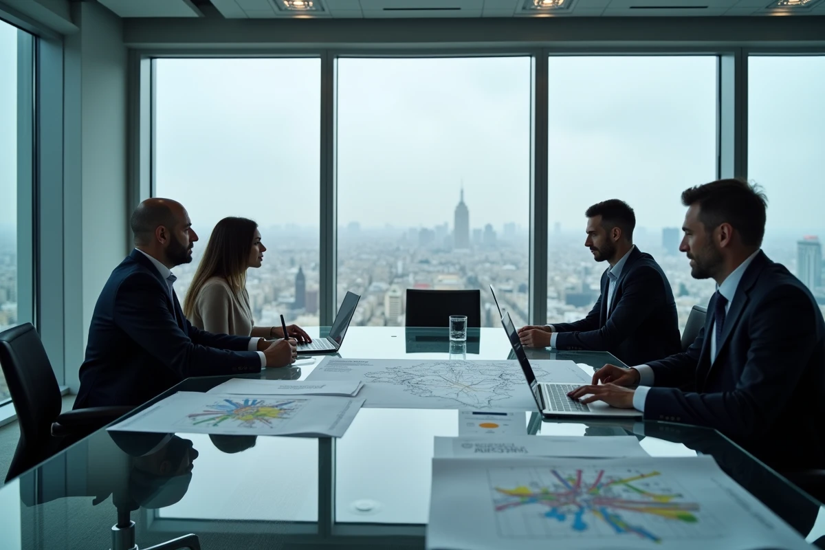 Équipe de professionnels analysant des plans d'infrastructure hyperloop dans une salle de conférence parisienne