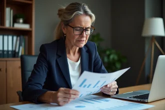 Femme analysant des documents financiers et les risques de son épargne à son bureau à domicile