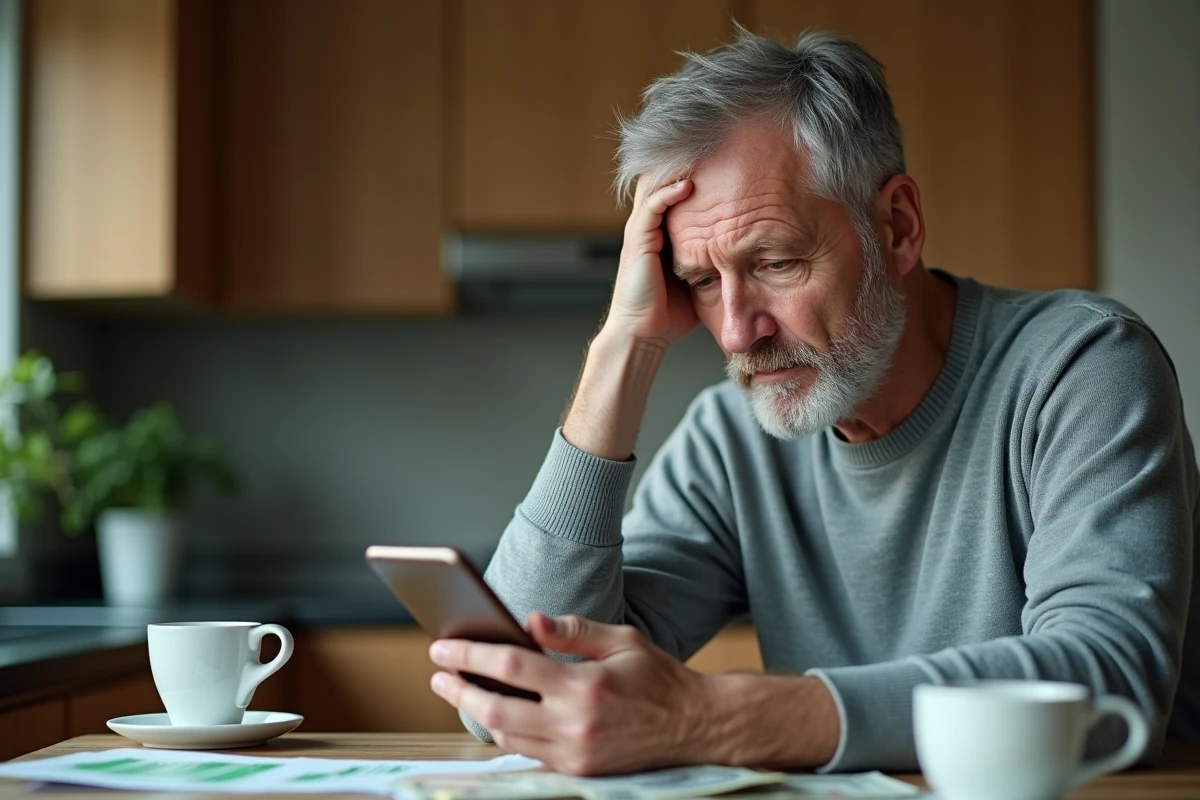 Homme préoccupé consultant une application de bourse sur smartphone avec graphique en baisse, risques d'épargne