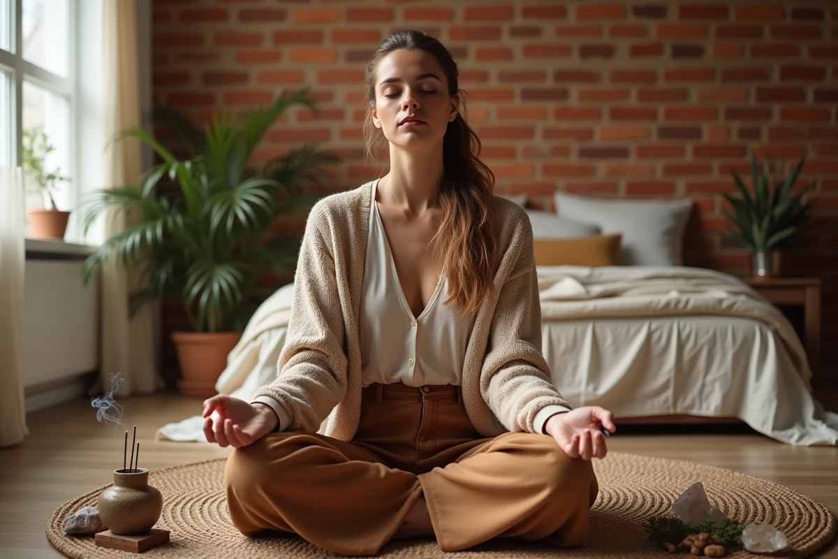 Femme en méditation pratiquant un rituel de purification énergétique pour éliminer la mauvaise énergie de sa chambre