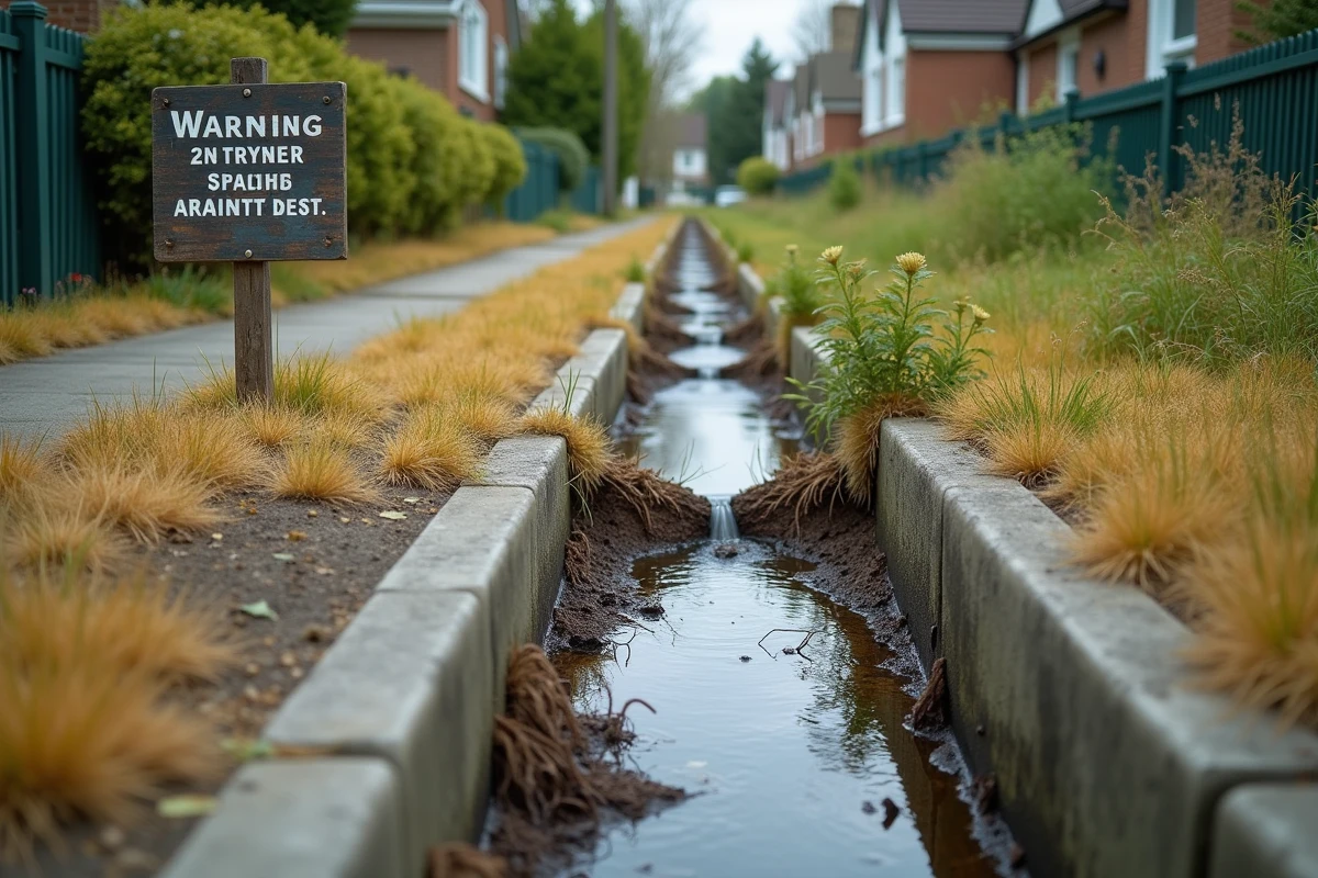 Lit de ruisseau asséché bordant un quartier pavillonnaire avec des canaux en béton, illustrant les conséquences de l'imperméabilisation des sols et de l'étalement urbain sur les ressources en eau