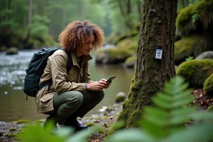 Scientifique en environnement scannant un tag blockchain sur le terrain au bord d'une rivière forestière pour la conservation