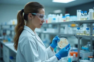 Scientifique examinant une culture bactérienne en laboratoire, symbolisant les grandes découvertes médicales