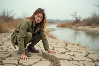 Scientifique environnementale examinant un sol fissuré et asséché, symbole des défis du développement durable