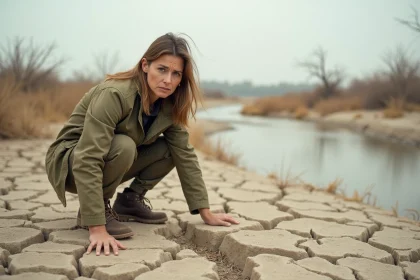 Scientifique environnementale examinant un sol fissuré et asséché, symbole des défis du développement durable