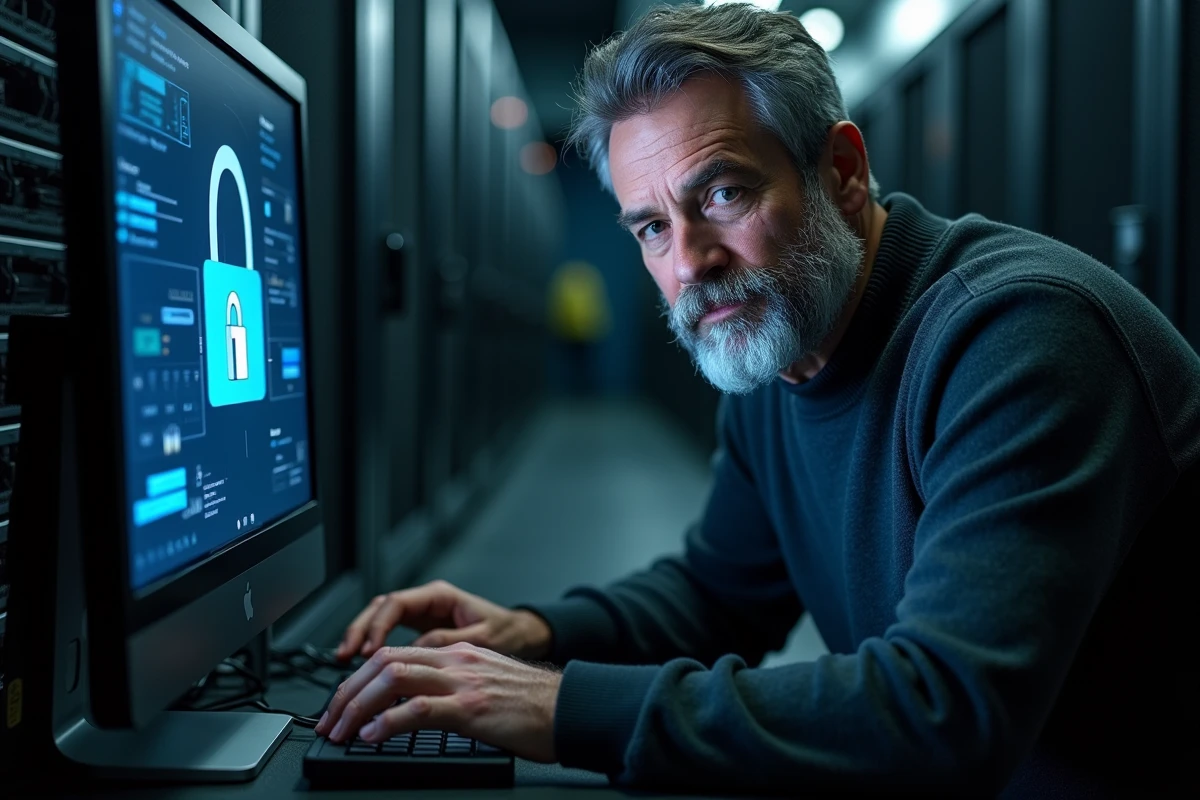Technicien en cybersécurité gérant le chiffrement des données devant des serveurs informatiques