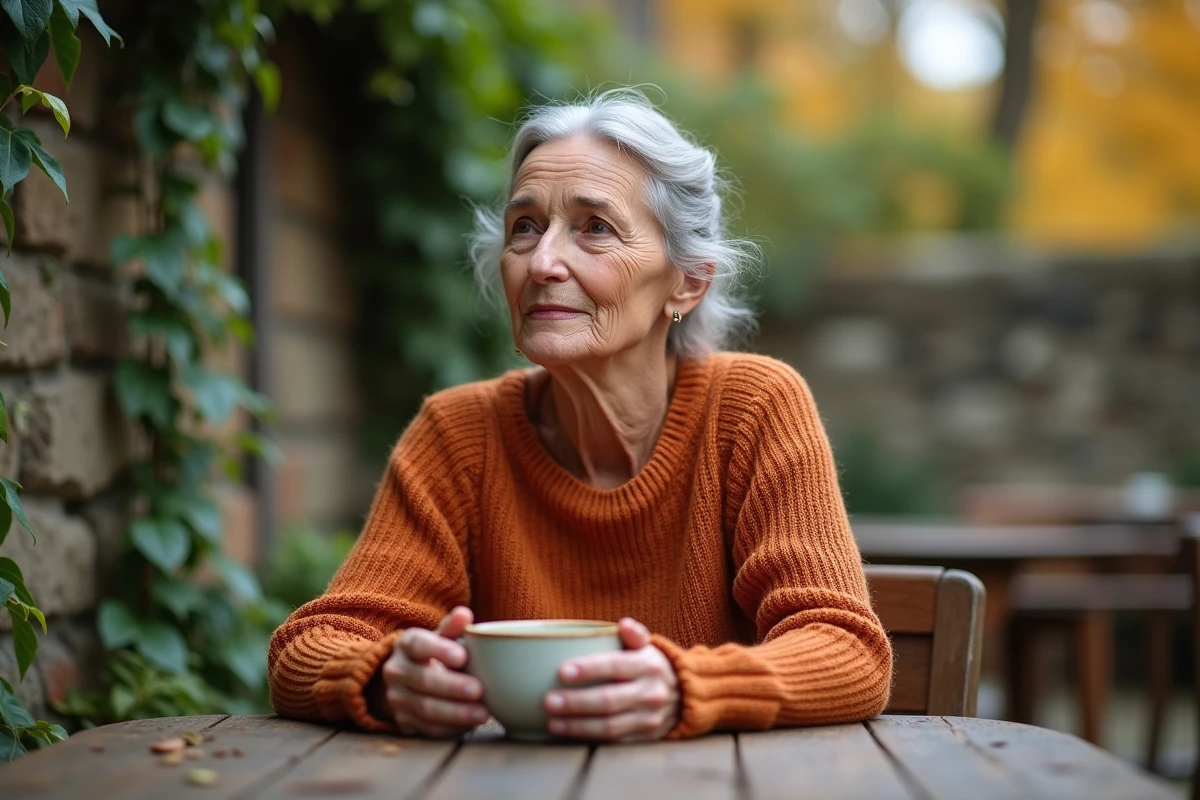 Femme âgée sereine tenant une tasse de thé sur une terrasse en pierre, évoquant la sagesse et les signes d'un éveil spirituel profond