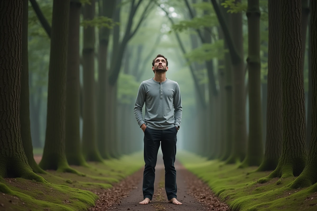 Homme debout sur un chemin forestier regardant la canopée, illustrant le sentiment d'éveil spirituel et de connexion à la nature
