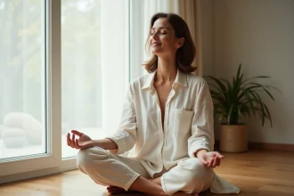 Femme en méditation assise sur un plancher en bois dans une pièce épurée, symbolisant l'éveil spirituel et la paix intérieure