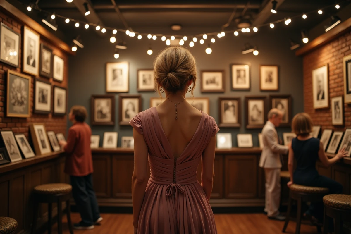 Femme au centre d'une soirée immersive racontant l'histoire de sa vie avec photos et décoration thématique