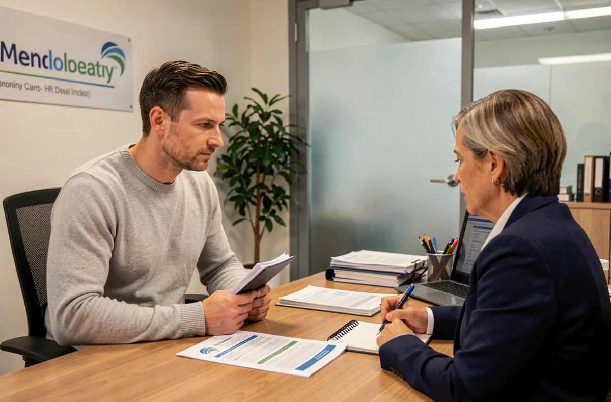 Un homme consulte un professionnel des ressources humaines dans un bureau RH avec un dossier documenté