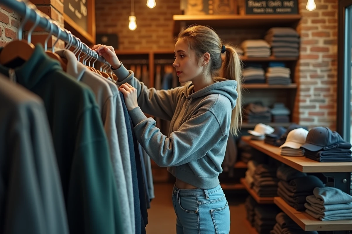 Jeune femme explorant des vêtements streetwear dans une boutique indépendante, évoquant la culture et l'identité du streetwear