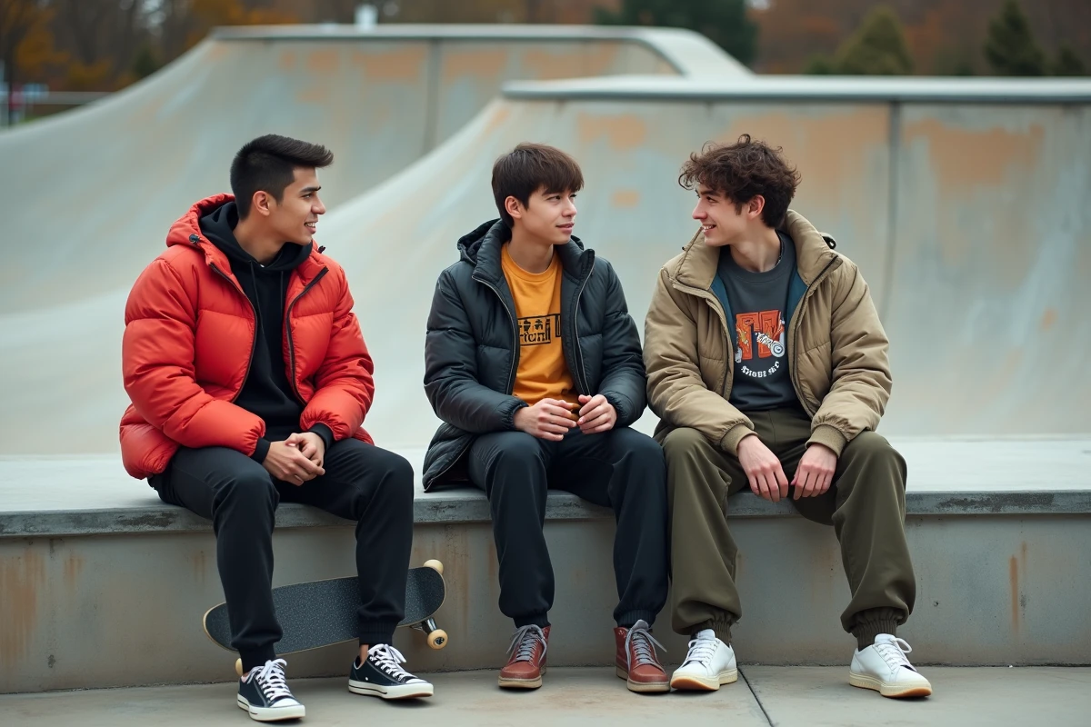 Groupe de jeunes adultes en streetwear dans un skatepark, représentant la communauté et la sous-culture streetwear