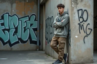 Jeune homme en tenue streetwear devant un mur de graffitis urbains, illustrant la culture streetwear comme sous-culture