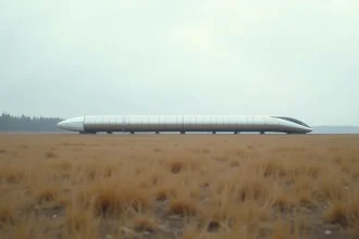 Structure de tube hyperloop futuriste traversant un paysage rural français sous un ciel nuageux