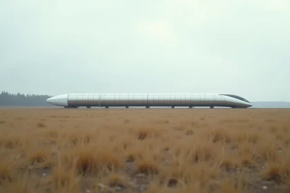 Structure de tube hyperloop futuriste traversant un paysage rural français sous un ciel nuageux