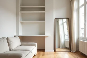 Studio parisien compact optimisé avec étagères intégrées, miroir mural et bureau rabattable pour agrandir visuellement l'espace