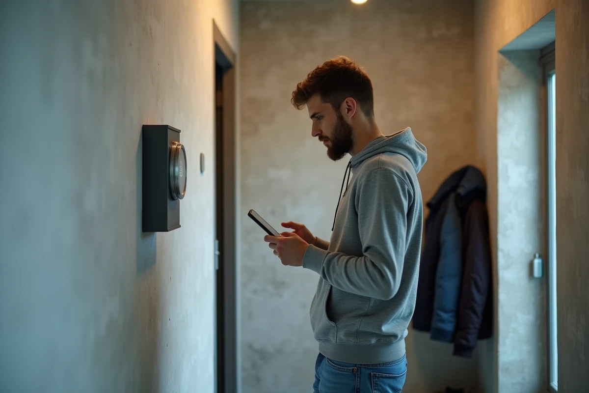 Un colocataire consulte le compteur électrique de son appartement partagé pour suivre la consommation d'électricité via une application mobile