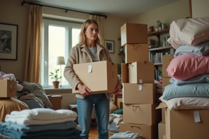 Femme entourée de colis et de sacs de shopping dans un appartement encombré, illustrant les conséquences de la surconsommation