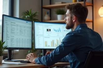 Manager surveillant les performances de ses travailleurs à distance via un tableau de bord de productivité sur deux écrans