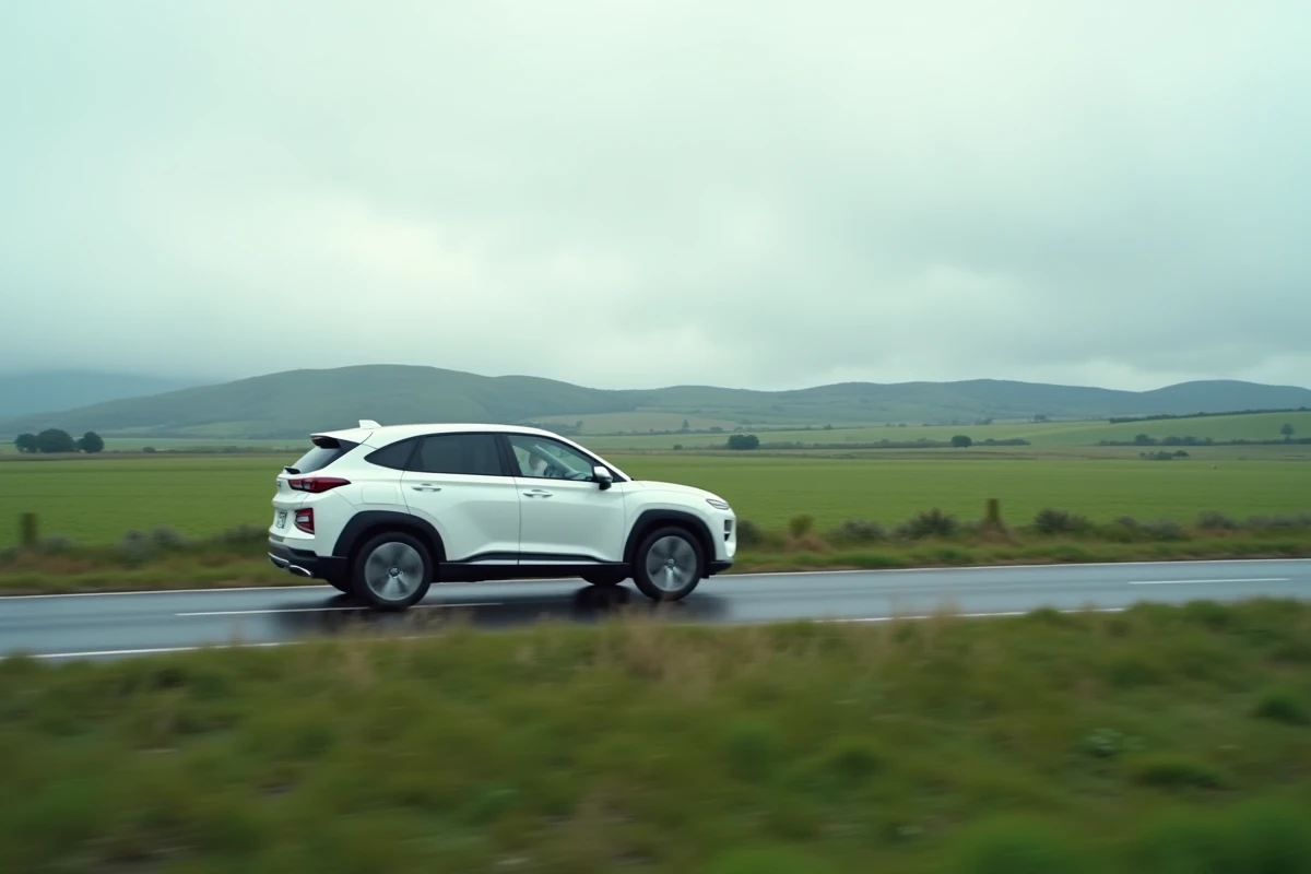 Voiture hybride SUV blanche roulant sur une route de campagne verdoyante, symbole de mobilité durable et faible empreinte carbone