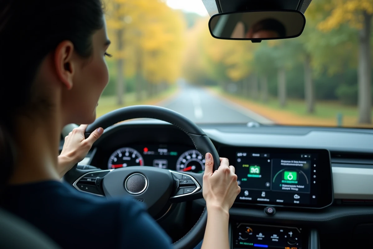 Tableau de bord d'une voiture hybride affichant le mode éco et les flux d'énergie, vue intérieure réaliste