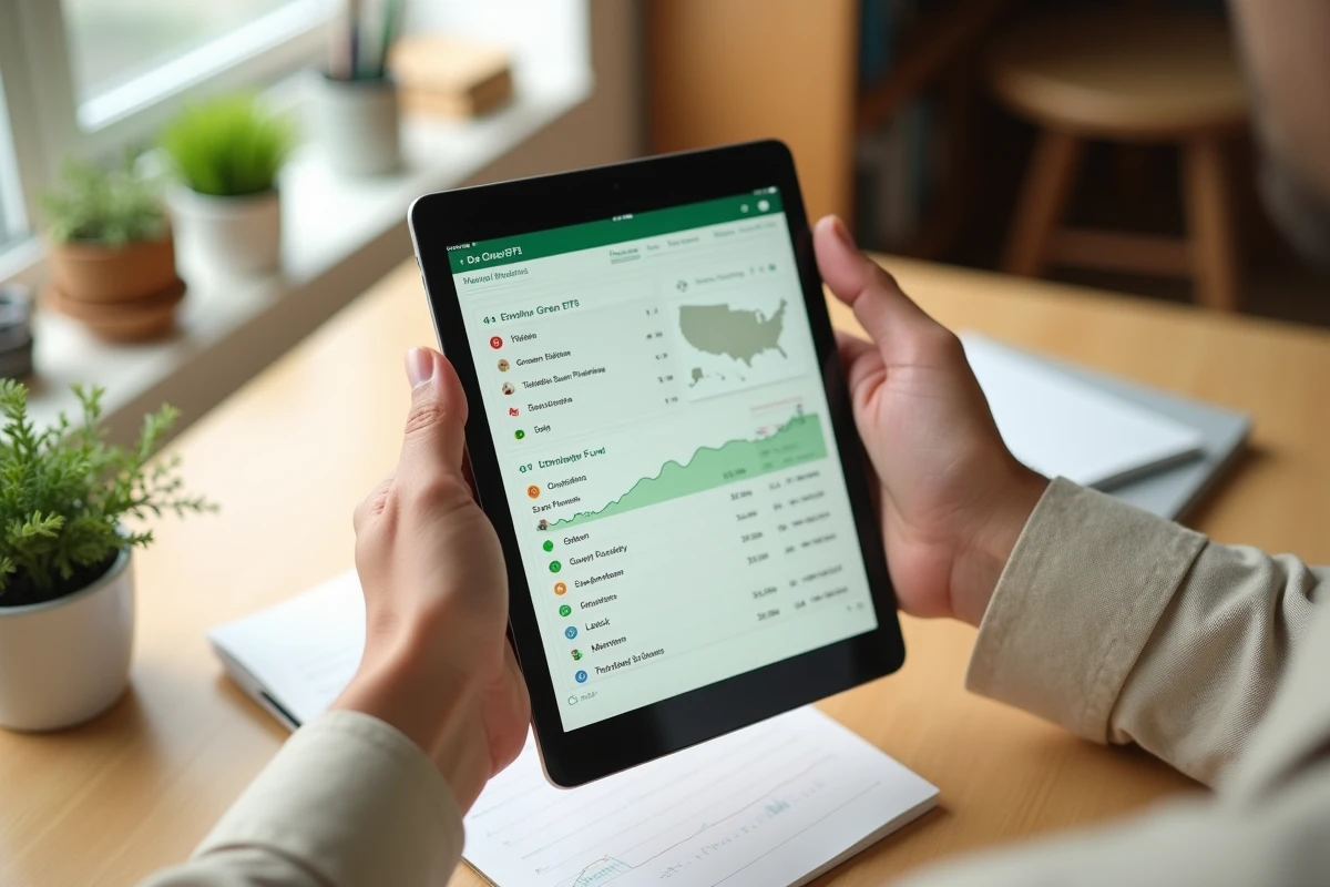 Mains tenant une tablette affichant une liste d'ETF durables et de fonds verts dans un bureau à domicile minimaliste