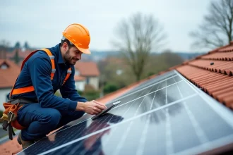 Technicien inspectant des panneaux photovoltaïques sur le toit d'une maison en France en 2026