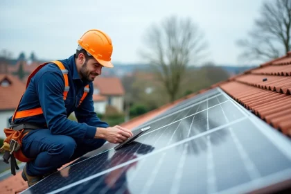 Technicien inspectant des panneaux photovoltaïques sur le toit d'une maison en France en 2026
