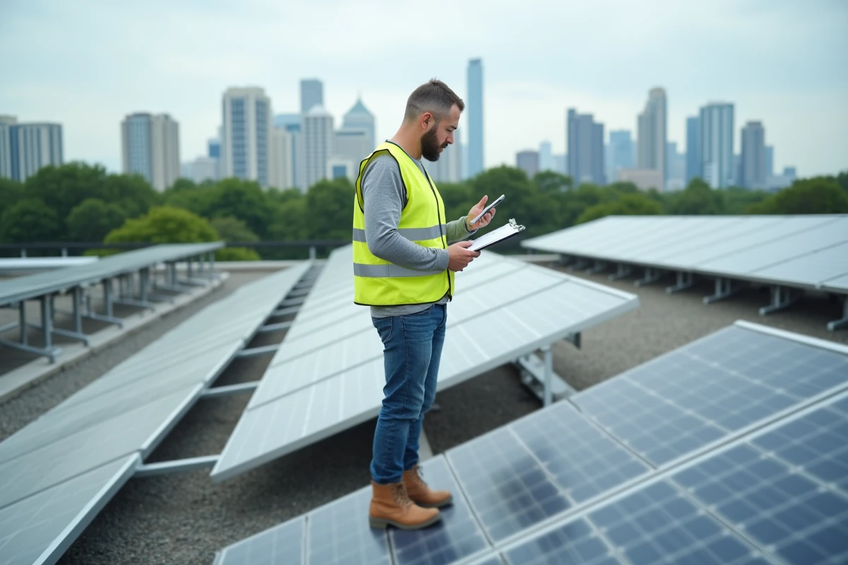 Technicien inspectant des panneaux solaires sur un toit dans le cadre d'un projet de développement durable