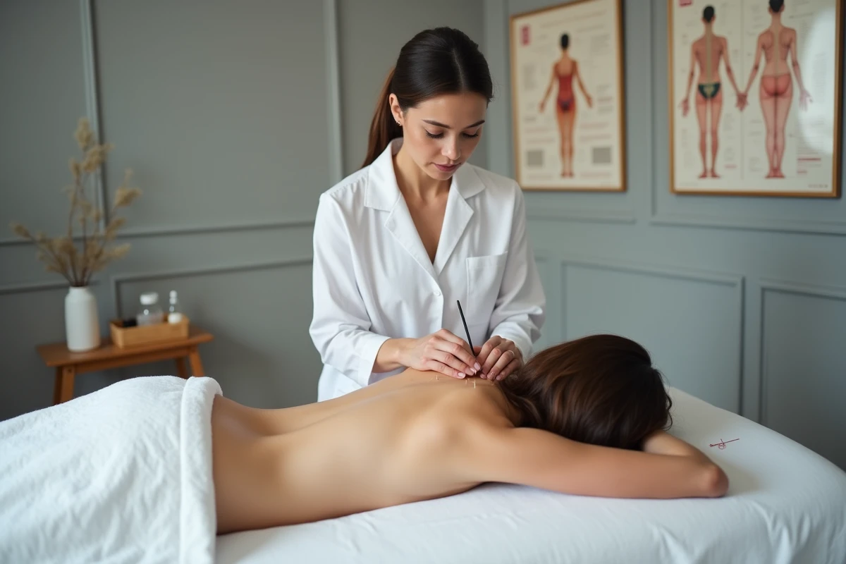 Praticienne en acupuncture plaçant des aiguilles sur le dos d'une patiente lors d'une séance de thérapie énergétique