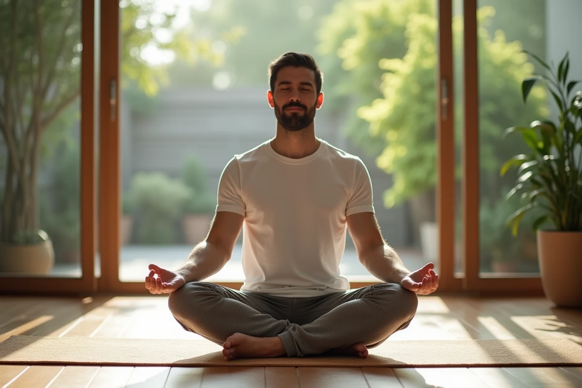 Homme en méditation pratiquant une thérapie énergétique en position assise devant une fenêtre avec vue sur un jardin