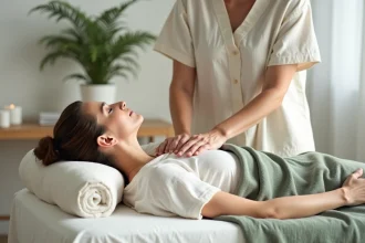 Séance de Reiki avec une praticienne pratiquant le soin énergétique sur une patiente allongée dans un cabinet bien-être