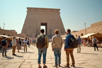 Des touristes du monde entier visitant l'un des sites historiques les plus visités au monde, devant un monument antique emblématique