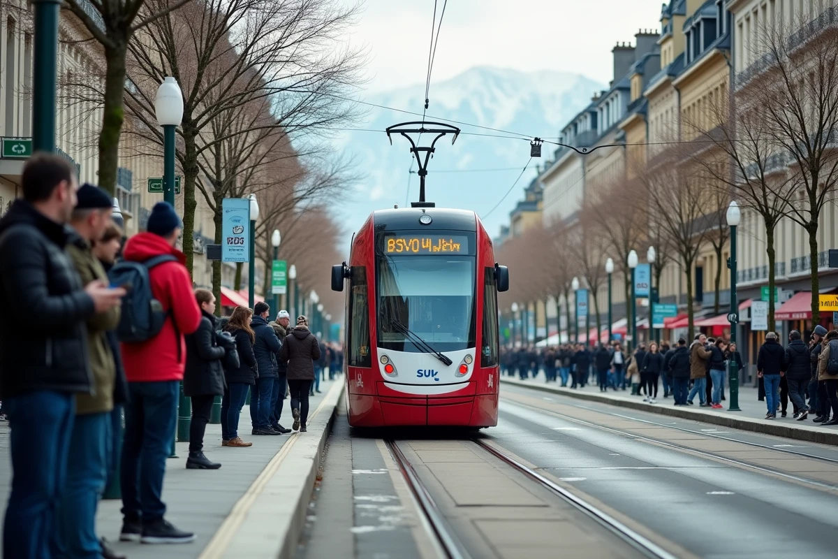 Tramway de Grenoble arrivant en centre-ville avec des voyageurs attendant sur le quai