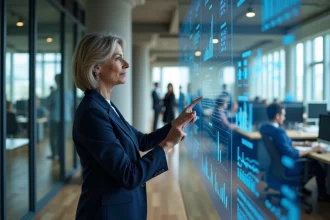 Femme cadre présentant un tableau de bord digital dans un bureau moderne lors d'une transformation numérique d'entreprise