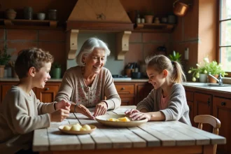 Famille multigénérationnelle préparant un repas traditionnel ensemble dans une cuisine rustique, illustrant la transmission des valeurs culturelles familiales