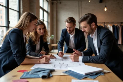 Équipe de professionnels de la mode collaborant autour d'une table de travail dans un atelier parisien moderne avec des échantillons de tissu et des planches de tendances