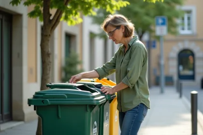 Femme triant des déchets recyclables dans des bacs colorés d'une déchetterie urbaine française