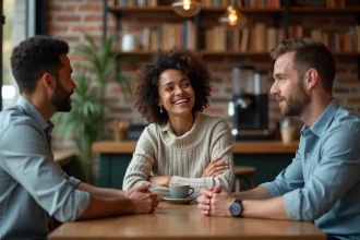 Trois adultes attablés dans un café exprimant différentes émotions faciales — rire, réflexion et surprise — illustrant les types d'expressions humaines
