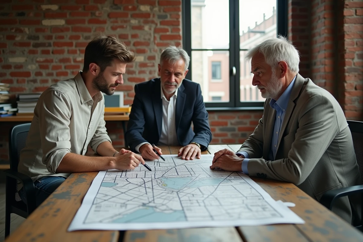 Groupe d'urbanistes discutant des enjeux du développement durable autour d'une carte de planification urbaine